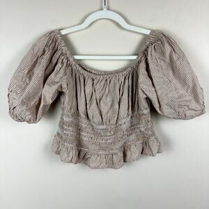 Japna Gingham Peasant Cottagecore Puff Sleeve Smocked Crop Milkmaid Renaissance